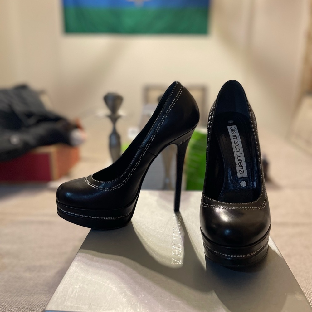 Gianmarco Lorenzi Black Leather Platform Stiletto Pumps with White Stitching